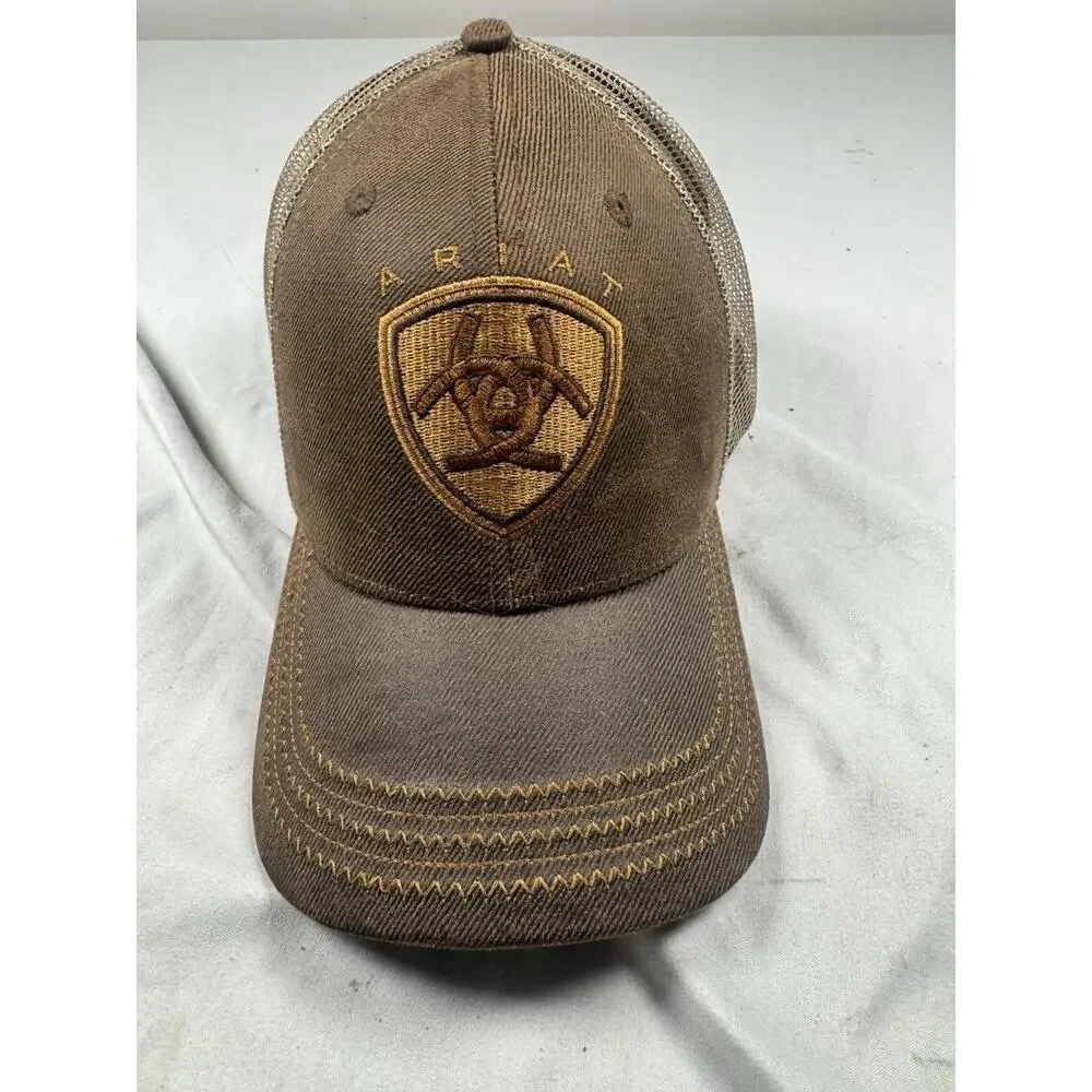 Ariat Brown Tan Mesh Trucker Hat Shield Logo Snapback Adjustable Adult Cap